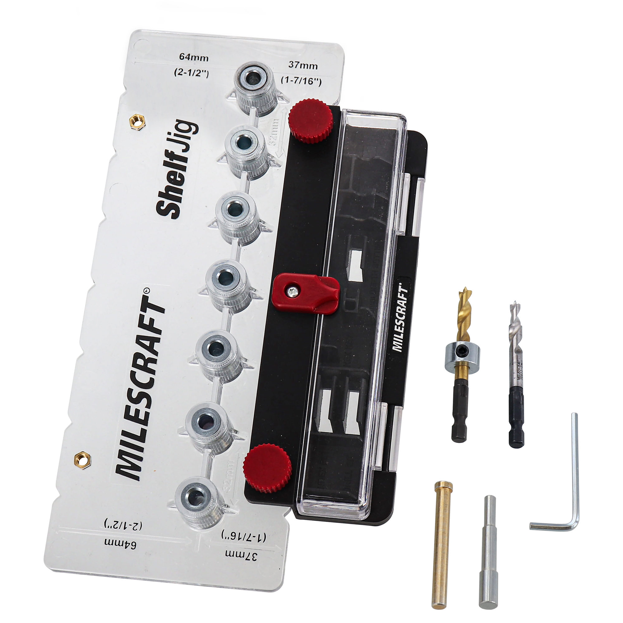 Milescraft Shelf Jig — Creates 1/4in. and 5mm Shelf Pin Holes, 32mm Spacing, Includes Drill Bits and Index Pins, Clear Polycarbonate Base, Model# 13430003